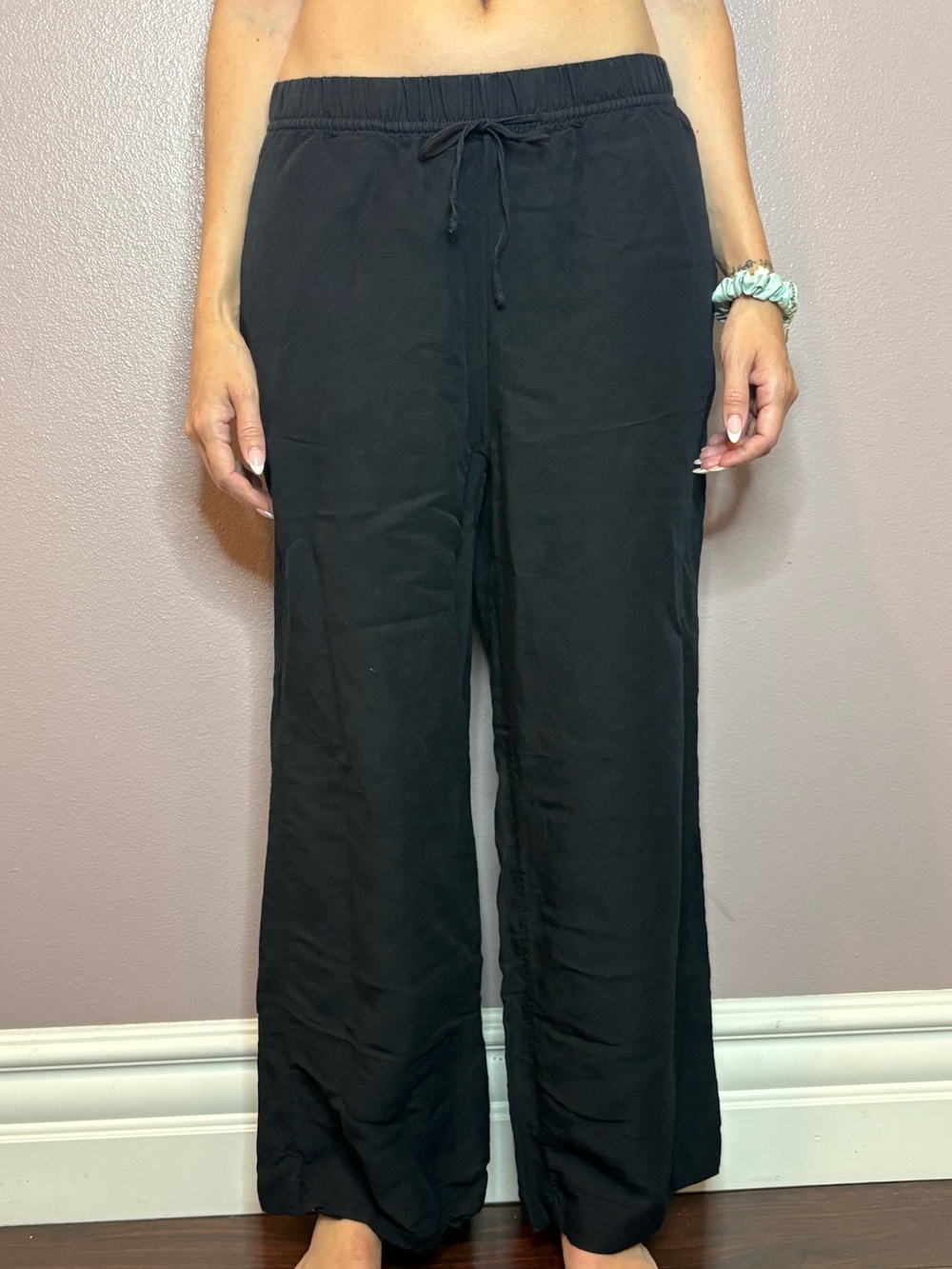 Casual Black Wide-Leg Drawstring Pants